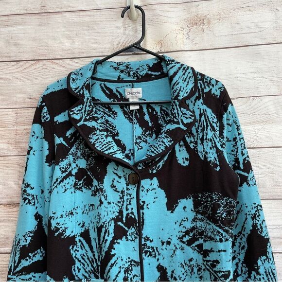 CHICOS SILK BLEND SWEATER IN TEAL PRINT - Picture 2 of 5